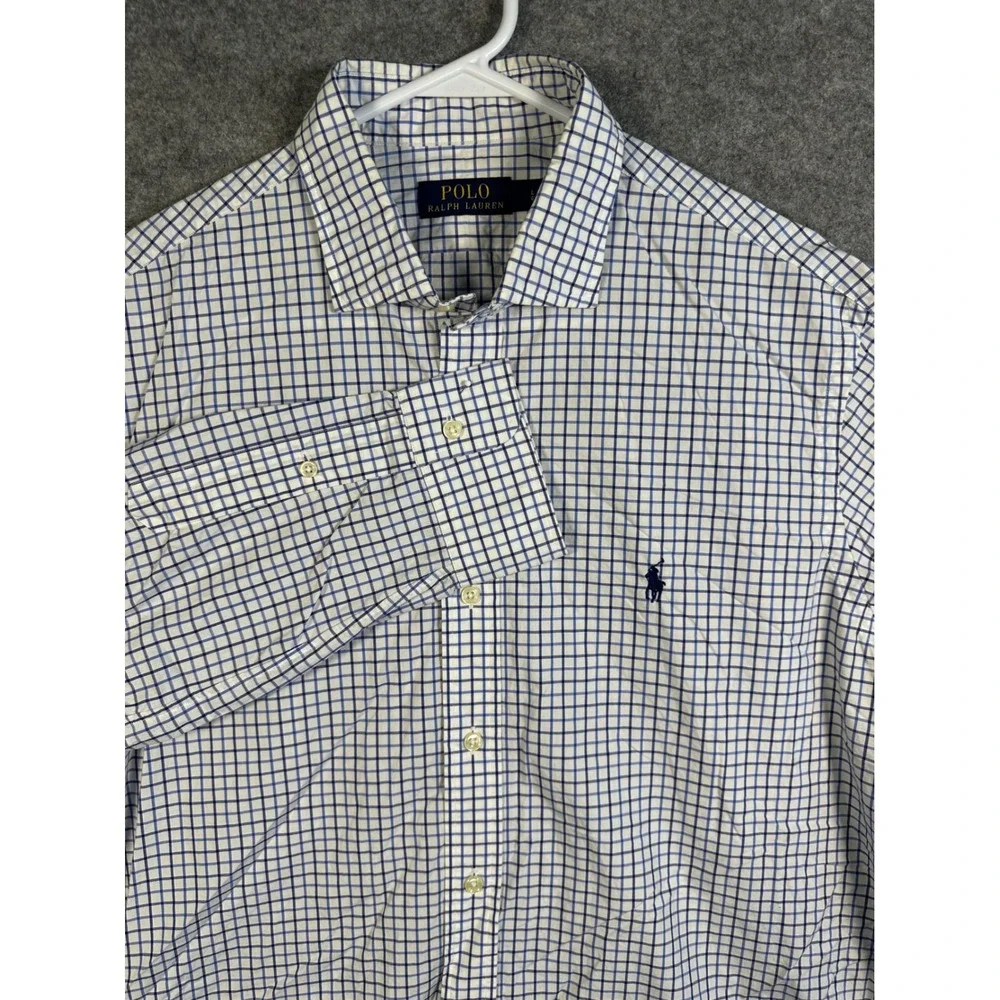 Polo Ralph Lauren Mens Large Blue White Grid Check Button Down Shirt Long Sleeve